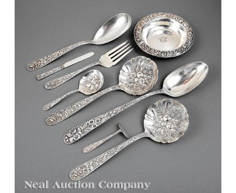 Good Group of Antique and Vintage S. Kirk & Son Repousse Silver, incl. coin silver dressing spoon, l. 11 7/8 in.; sterling fl