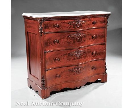 American Rococo Carved Mahogany Chest of Drawers, mid-19th c., serpentine marble top, conforming case, four graduated drawers