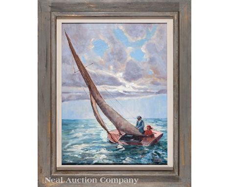 Gladys Morgan (American/Louisiana, 1899-1981), "Sailing on Lake Pontchartrain", oil on canvas, signed lower right, "Jean Brag