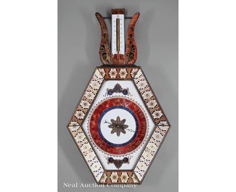 Louis Philippe Eglomise Barometer, c. 1845, lyre crest fitted with thermometer, the weather dial with rosette surround, h. 34
