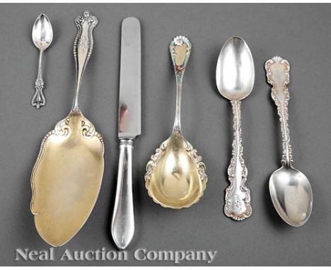 Group of Antique and Vintage American Sterling Silver Flatware, incl. vermeil and enamel preserve spoon, Dominick & Haff "Lou