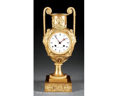 Empire Gilt Bronze Mantel Clock, c. 1790, porcelain dial signed "Lepaute à Paris", Greek vase case mounted with allegorical f