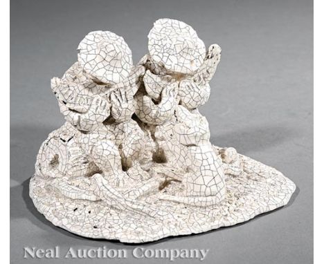 Steele Burden (American/Louisiana, 1900-1995), "Greedy Guts", white crackle glazed ceramic, incised title on self-base, signe