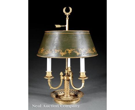 Neoclassical-Style Gilt Bronze Three-Light Bouillotte Lamp, 19th c., gilt-decorated tole peinte shade, h. 20 1/2 in     