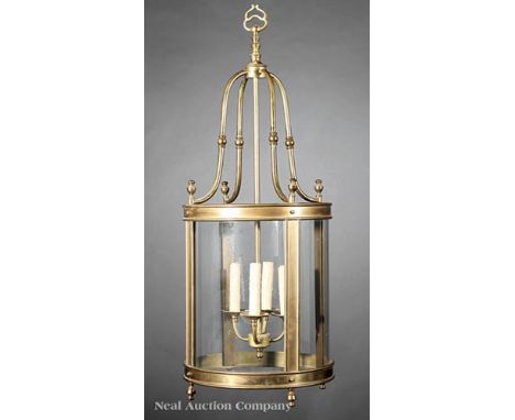 English Brass Four-Light Hall Lantern, scroll supports, h. 35 in., dia. 14 in    