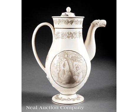 Creil Creamware Coffeepot, c. 1808-1818, titled transfer vignettes of "The Origin of Dalliance'" and "Cupid Offering a Rose t
