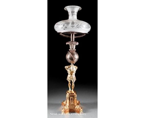 American Silvered Bronze Figural Sinumbra Lamp, c. 1835, attr. to Messenger and Son, Birmingham, silvered figure of Atlas on 