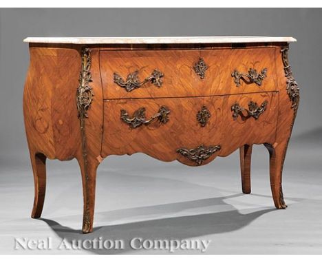 Louis XV-Style Marquetry, Kingwood and Bronze-Mounted Bombé Commode, 20th c., serpentine marble top, two drawers, tapered leg