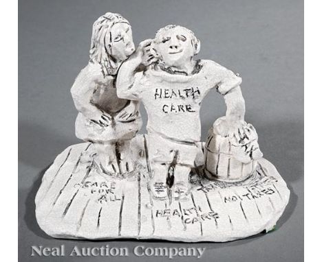 Steele Burden (American/Louisiana, 1900-1995), "Bill + Hillary", white crackle glazed ceramic, incised "SB" initials on self-