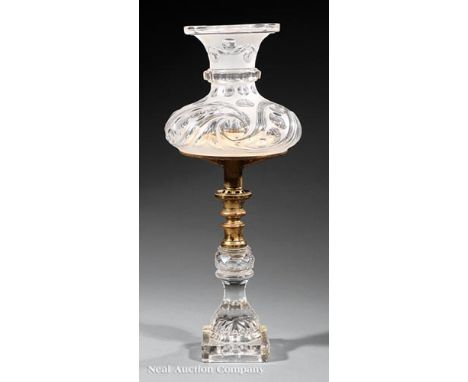 Miniature American Cut Glass Sinumbra Lamp, mid-19th c., marked "E. Glass Co./Boston", baluster form with brass mount, bulbou