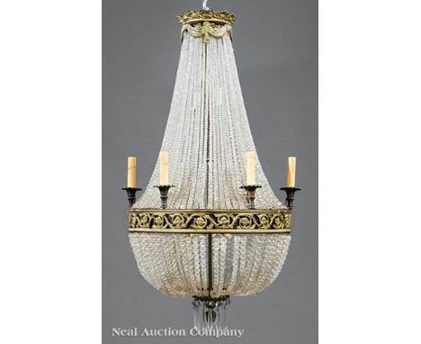 Louis XVI-Style Gilt Bronze and Cut Crystal Six-Light Chandelier, early 20th c., crown and tasseled swag corona, rosette ring