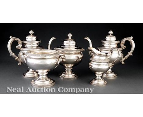 American Classical Coin Silver Five-Piece Coffee and Tea Service, R. & W. Wilson, Philadelphia, act. 1825-1846, marked variou