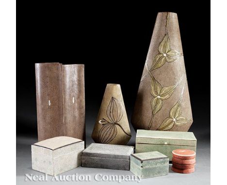 Eight French Stingray and Shagreen Covered Vases and Boxes, all marked R & Y AUGOUSTI, Paris, incl. 3 vases, one sculptural a