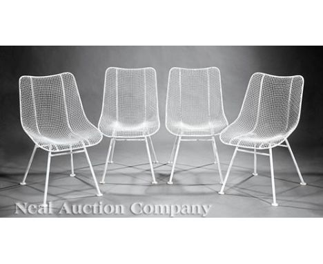 American "Modern" Iron Mesh Patio Set, c. 1960, Lee Woodard & Co., incl. a table, 4 side chairs, armchair and ottoman, table 