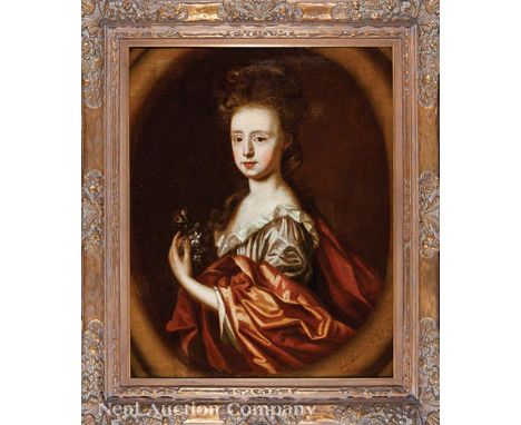 British School, 1697, "Portrait of a Lady within a Fictive Oval Stone Frame", oil on canvas, possibly a member of the Chiches