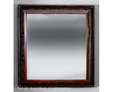 Antique Italian Inlaid Walnut Cushion Mirror, 19th c., surround with acanthus and vine inlay, beveled mirror plate     