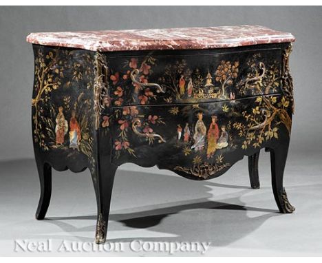 Louis XV-Style Gilt Bronze-Mounted Chinoiserie Bombé Commode, serpentine rouge marble top, two drawers, cabriole legs, sabots