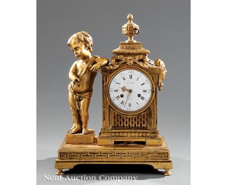Napoleon III Gilt Bronze Figural Mantel Clock, c. 1850, dial and silk thread movement marked "J. Leroy/a Paris", putto standi