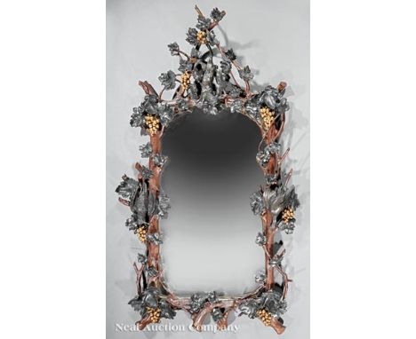 Fine Continental Carved, Polychromed and Parcel Gilt Mirror, c. 1875, surround modeled as branches, intertwined with grapevin