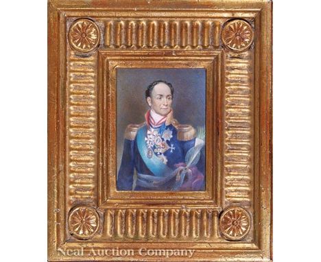 Continental School, 19th c., "A Decorated General", watercolor portrait miniature, signed "Moreau" lower right, 4 in. x 3 in.