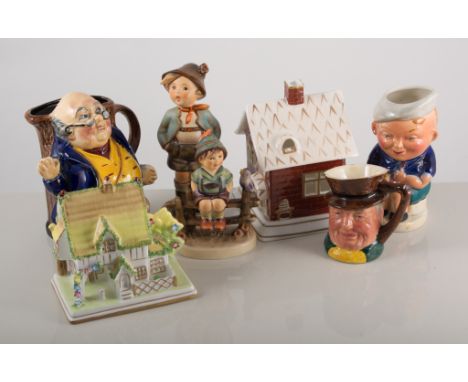 Three modern Coalport cottage models and five Hummel pottery figures, one small Lilliput Lane model, with other jugs, (12).