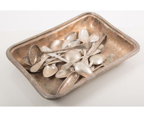 A George III silver marrow scoop, Charles Hougham, London, 1831, silver mote spoon (damaged); sifter spoon, caddy spoon and q