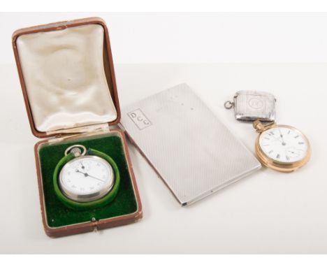 Cased stopwatch, rolled gold cased pocket watch, silver vesta case, cigarette case, miniature photograph frame, and caddy spo