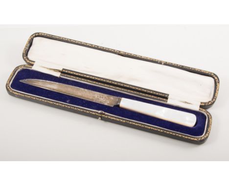 Pair of silver fish servers, C.W. Fletcher, Sheffield, 1921, with ivory handles, cased;  and a silver-plated knife, with moth
