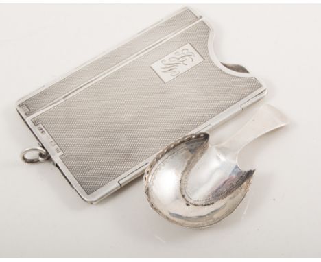 Silver engine turned folding cigarette case, Deakin & Francis, Chester 1914, together with a Georgian silver caddy spoon, Bir