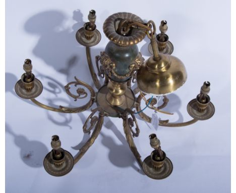 Reproduction brass Regency style ceiling light, six scrolled arms, 53cm diameter