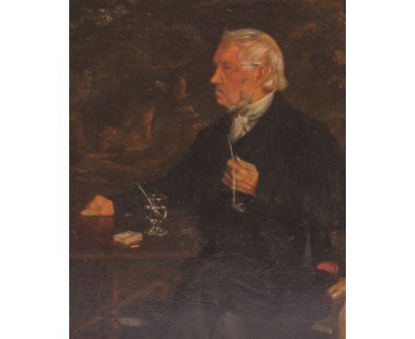 William Robert Symonds,  Portrait of a gentleman at a table, signed oil on mill board, gilt frame, 25 x 21cm.