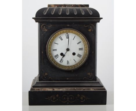 Victorian black slate and variegated marble mantel clock, circular white enamel dial with Roman numerals, French cylinder mov