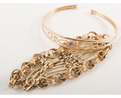 Two bracelets and a bangle, a yellow metal circular link bracelet approximate weight 10gms, a gold-plated three bar gate link