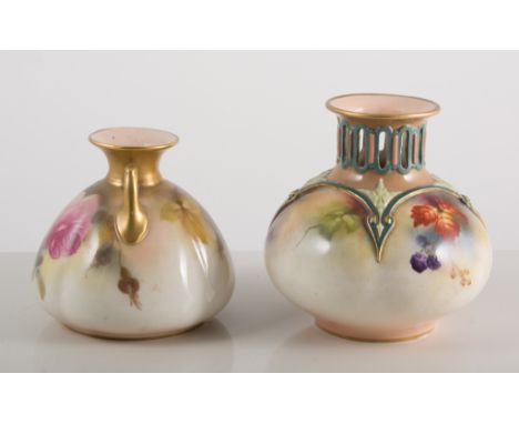 Two Royal Worcester vases, one decorated with roses and flowers 9cm tall, one decorated with brambles H306, 10cm (2).