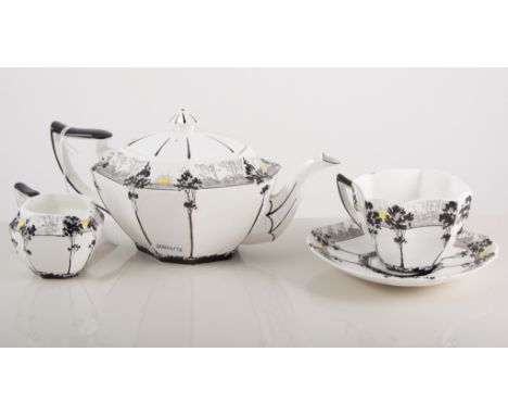 A Shelley part tea-for-two, circa 1926, Queen Anne shape decorated with landscape pattern with trees and sunrise, consisting 