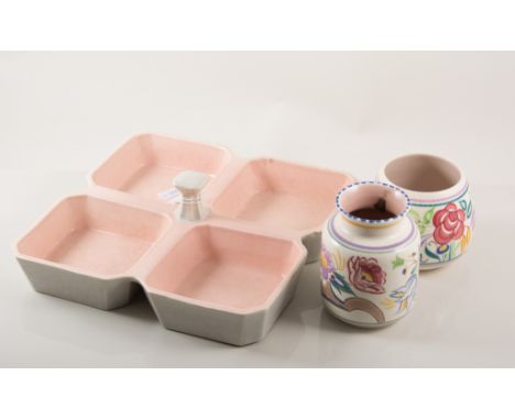 Collection of Poole pottery, some hand painted, including bowl, diameter 24cm; another bowl plate, two hors d'oeuvre trays an