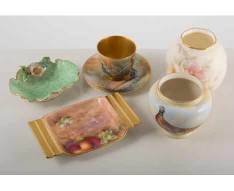 Collection of Royal Worcester porcelain, including cup and saucer signed Sedgley, two small vases, shell dishes etc, (11).