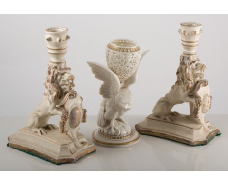 Candlesticks ceramic, 23cm tall, along with an eagle vase, 19cm tall (3).