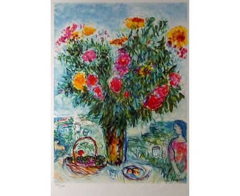 Marc Chagall (1887-1985): coloured lithograph of vase of flowers, basket of fruit and female figure, signed on the plate, bli