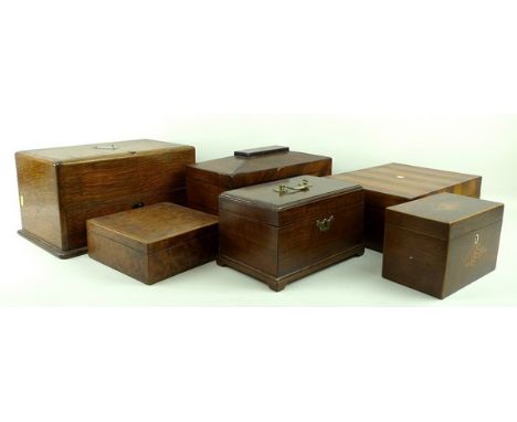 A group of wooden boxes, comprising; a 19th century mahogany jewellery box with mother of pearl escutcheon, 30 by 23 by 12cm,