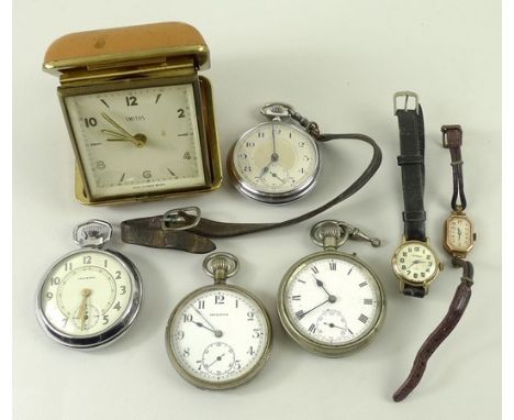 A 1920's 9ct gold lady's wristwatch with red painted numbers and a leather strap, four pocket watches, comprising; a Sekonda 