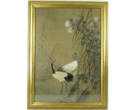 A 19th century Chinese / Japanese section of a marriage scroll, depicting a pair of cranes, one embroidered in coloured threa