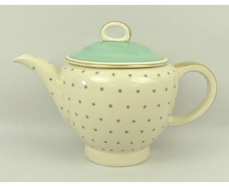 A Susie Cooper pottery part tea service decorated in the 'Asterisk' pattern, printed mark, comprising; teapot, cream jug, sug