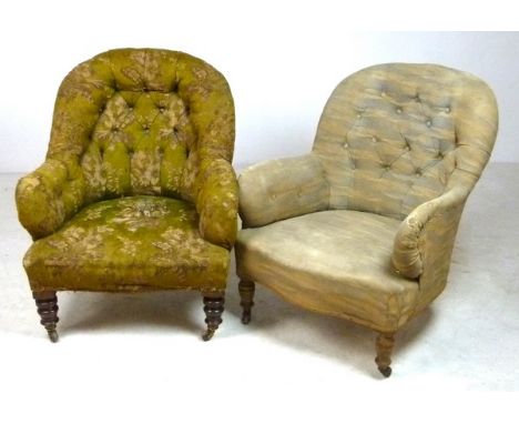 Two Victorian mahogany button back armchairs, one upholstered in beige and light blue fabric, the other in dark green and bro