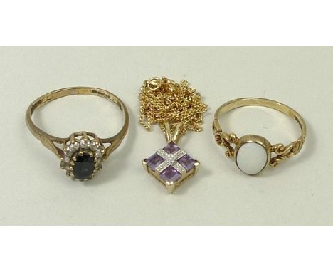 A 9ct gold, sapphire and diamond ring, size R, 9ct gold and opal single stone ring, size N, and a 9ct gold, amethyst and diam