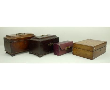 A Georgian mahogany tea caddy with checkered banding to the edges, brass swan neck handle to the lid, raised on bracket feet,