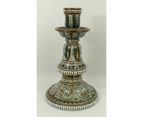A Doulton Lambeth stoneware candlestick, circa 1876, with a bell shaped stem and conical foot designed by Eliza Simmance with