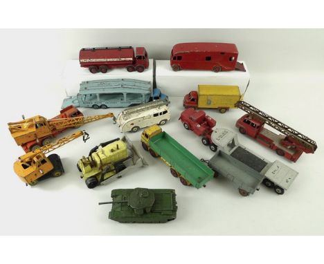 A quantity of Dinky Supertoys including a fire engine, Centurian tank, Mighty Antar, low loader, car transporter, 20 ton cran