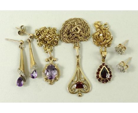 A 9ct gold and amethyst pendant on a belcher link chain, pair of 9ct gold, amethyst and diamond drop earrings, 9ct gold and g