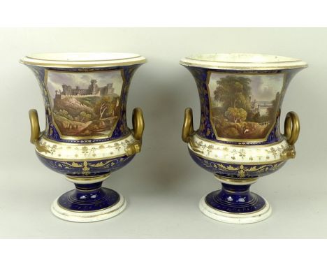 A pair of Bloor Derby vases, circa 1810, of campana form, painted with landscape vistas; View of Worcester and Castle at Spol
